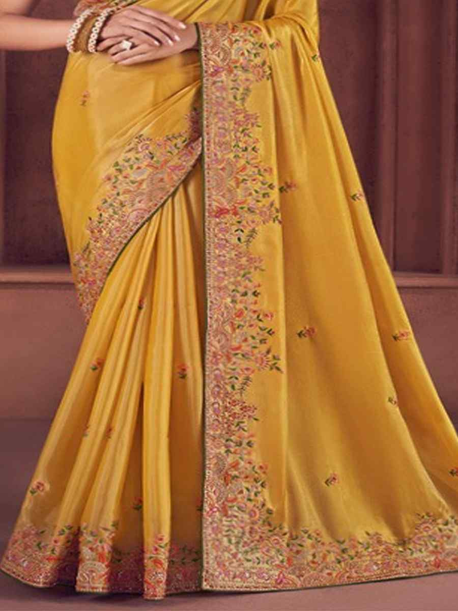 Mustard Organza Embroidered Bridesmaid Wedding Heavy Border Saree