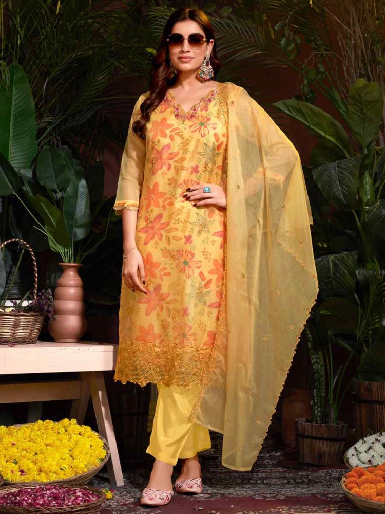Mustard Organza Embroidered Festival Casual Ready Pant Salwar Kameez