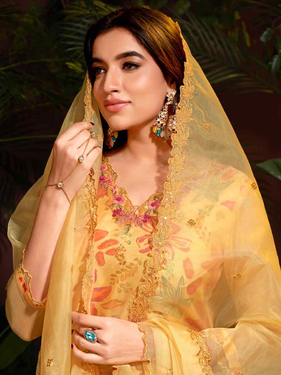 Mustard Organza Embroidered Festival Casual Ready Pant Salwar Kameez