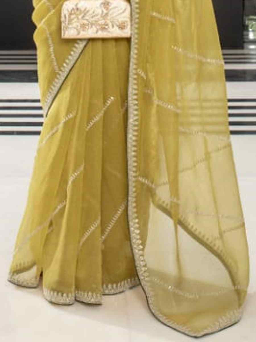 Mustard Organza Embroidered Festival Wedding Classic Style Saree