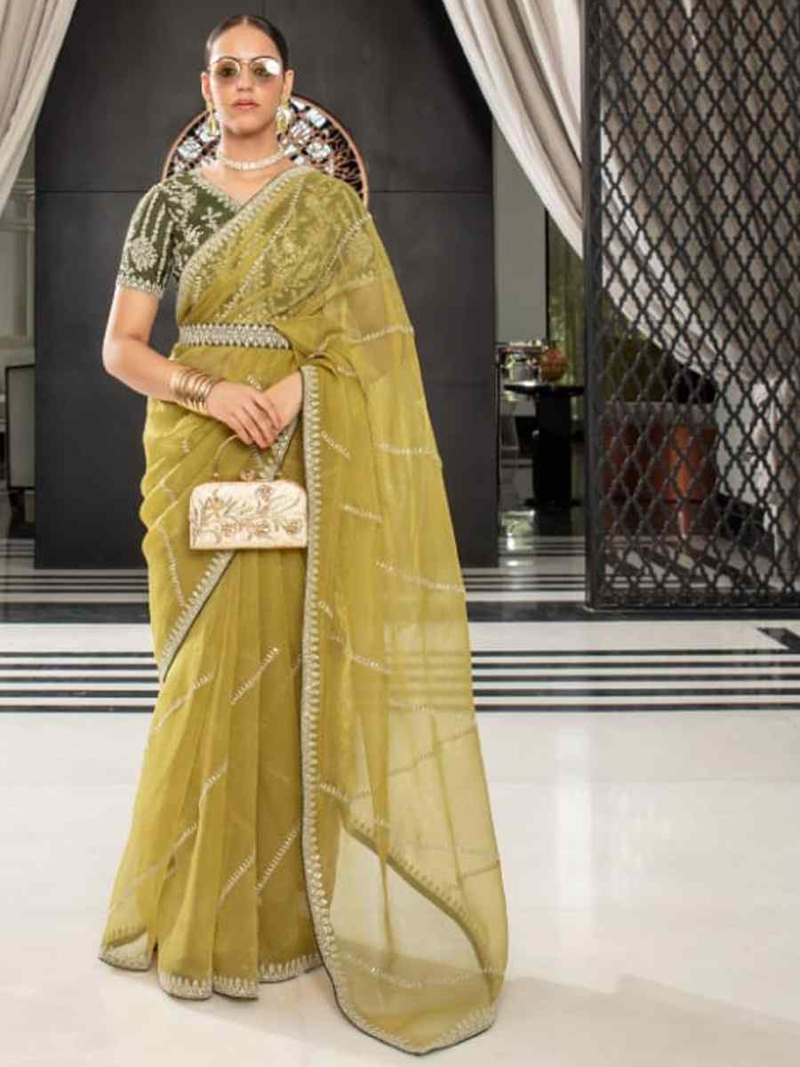 Mustard Organza Embroidered Festival Wedding Classic Style Saree