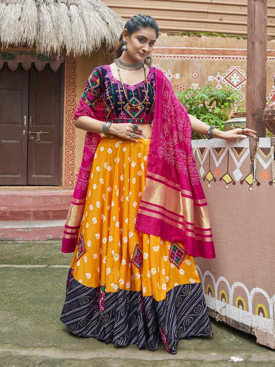 Mustard Organza Rayon Embroidered Festival Festival Traditional Lehenga Choli