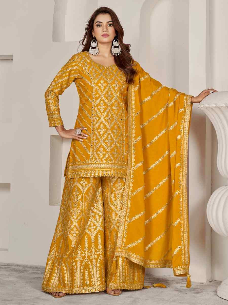 Mustard Premium Chiffon Embroidered Festival Wedding Palazzo Pant Salwar Kameez