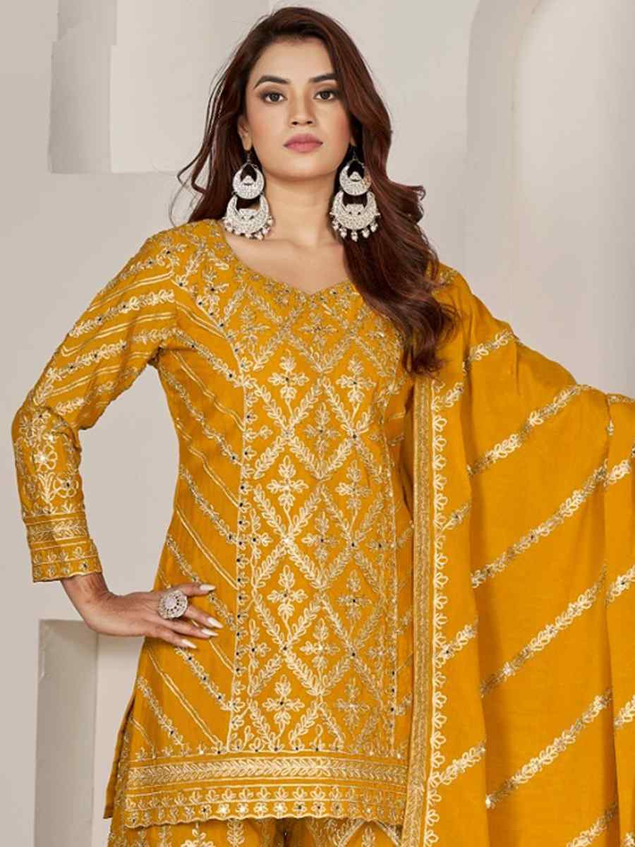 Mustard Premium Chiffon Embroidered Festival Wedding Palazzo Pant Salwar Kameez