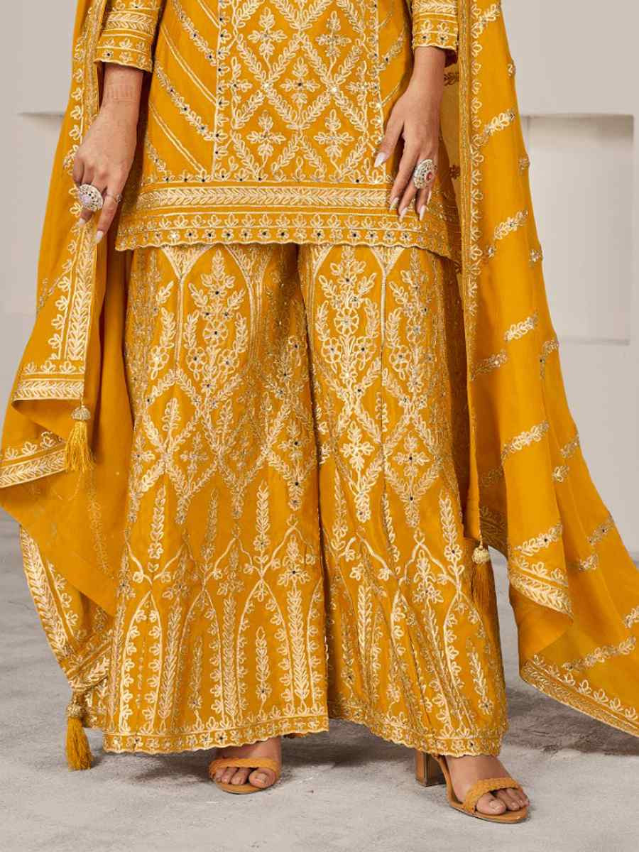 Mustard Premium Chiffon Embroidered Festival Wedding Palazzo Pant Salwar Kameez