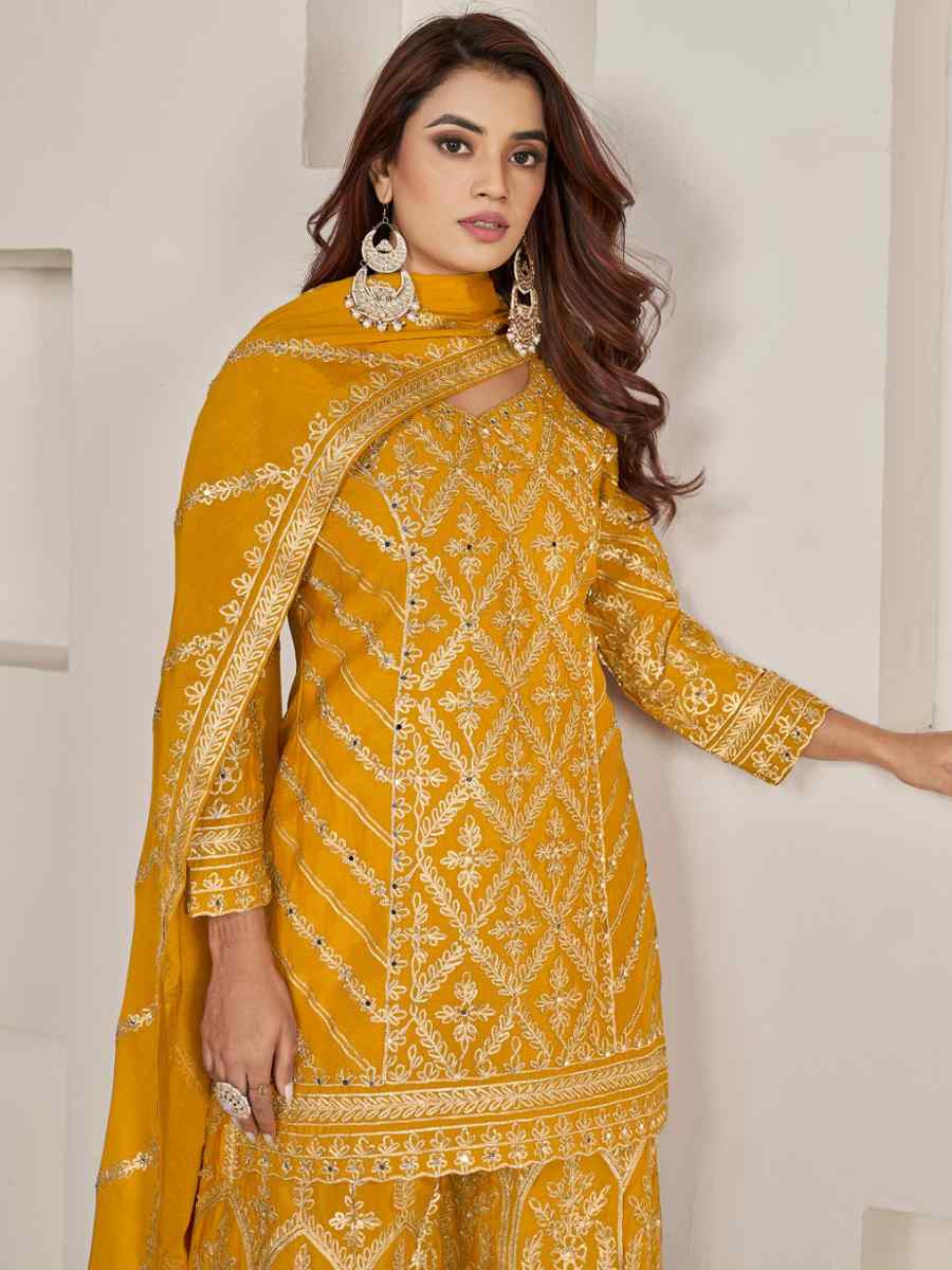 Mustard Premium Chiffon Embroidered Festival Wedding Palazzo Pant Salwar Kameez