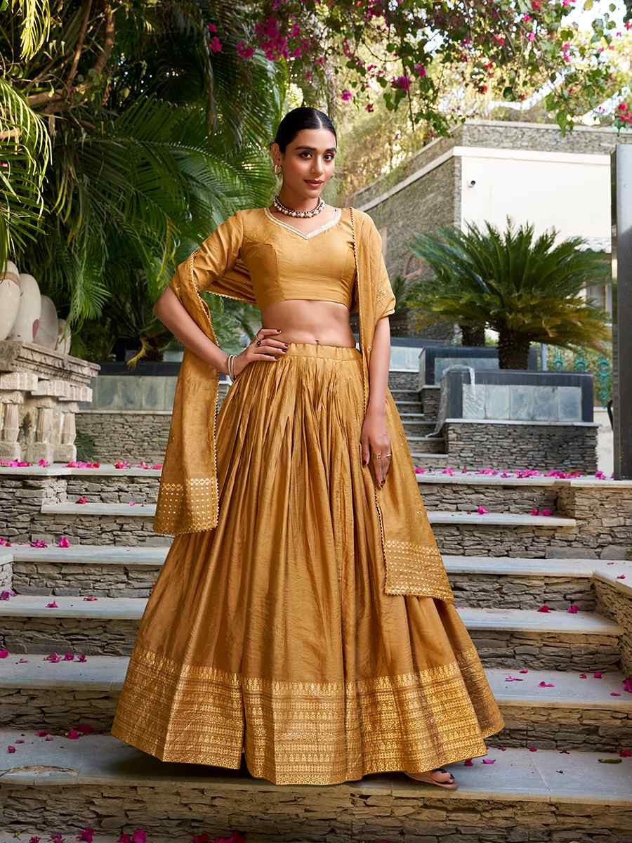 Mustard Pure Chanderi Embroidered Wedding Bridesmaid Heavy Border Lehenga Choli