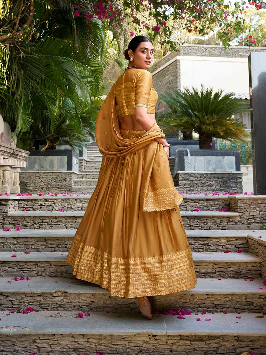 Mustard Pure Chanderi Embroidered Wedding Bridesmaid Heavy Border Lehenga Choli