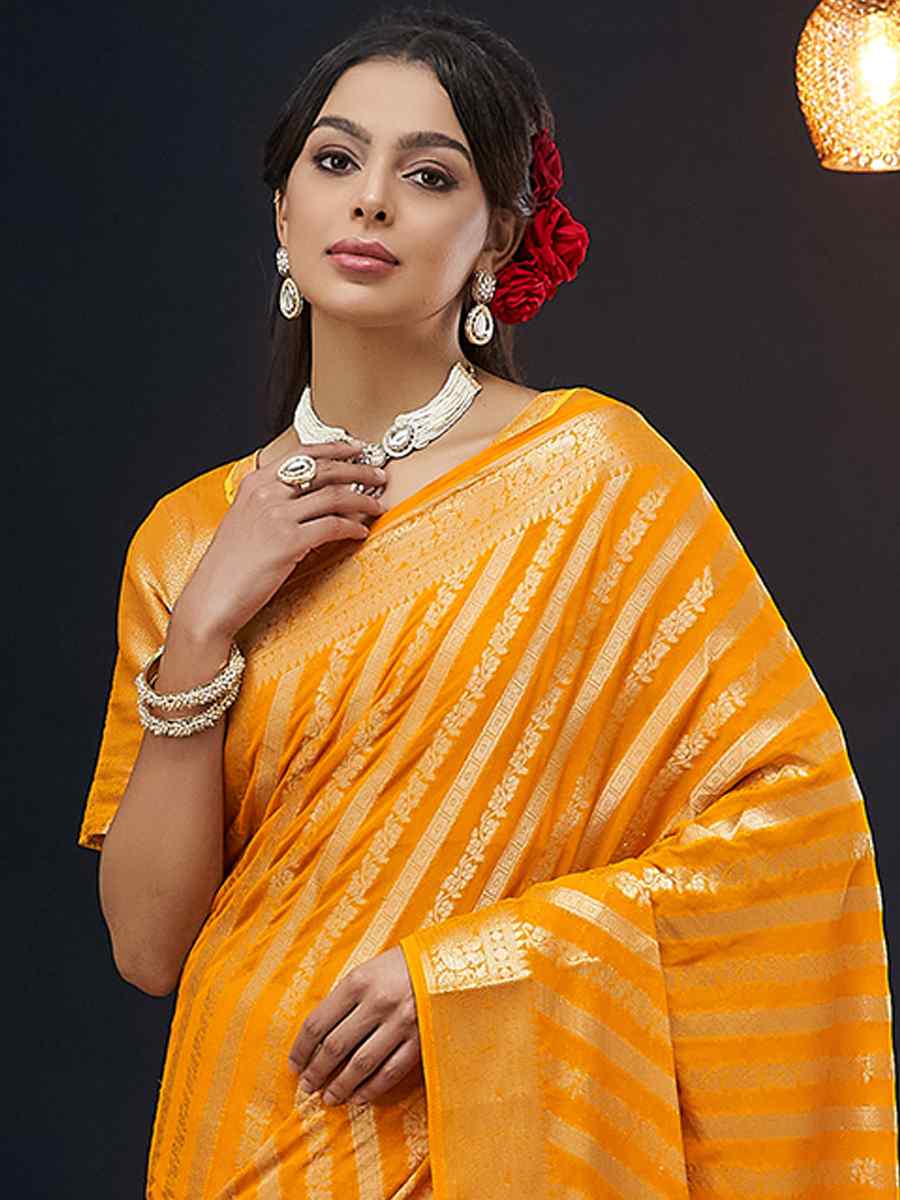 Mustard Pure Georgette Handwoven Festival Wedding Heavy Border Saree