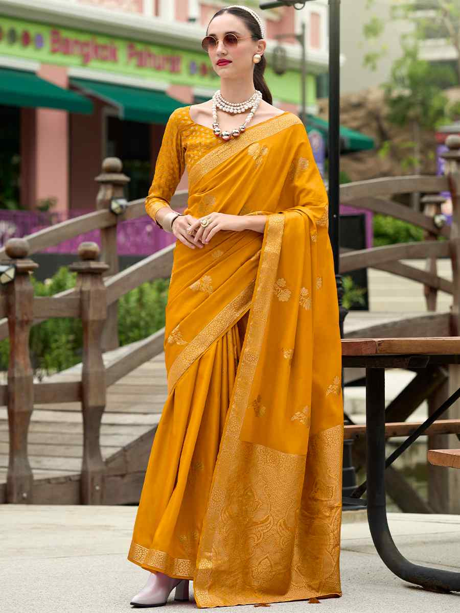 Mustard Pure Satin Handwoven Festival Wedding Heavy Border Saree