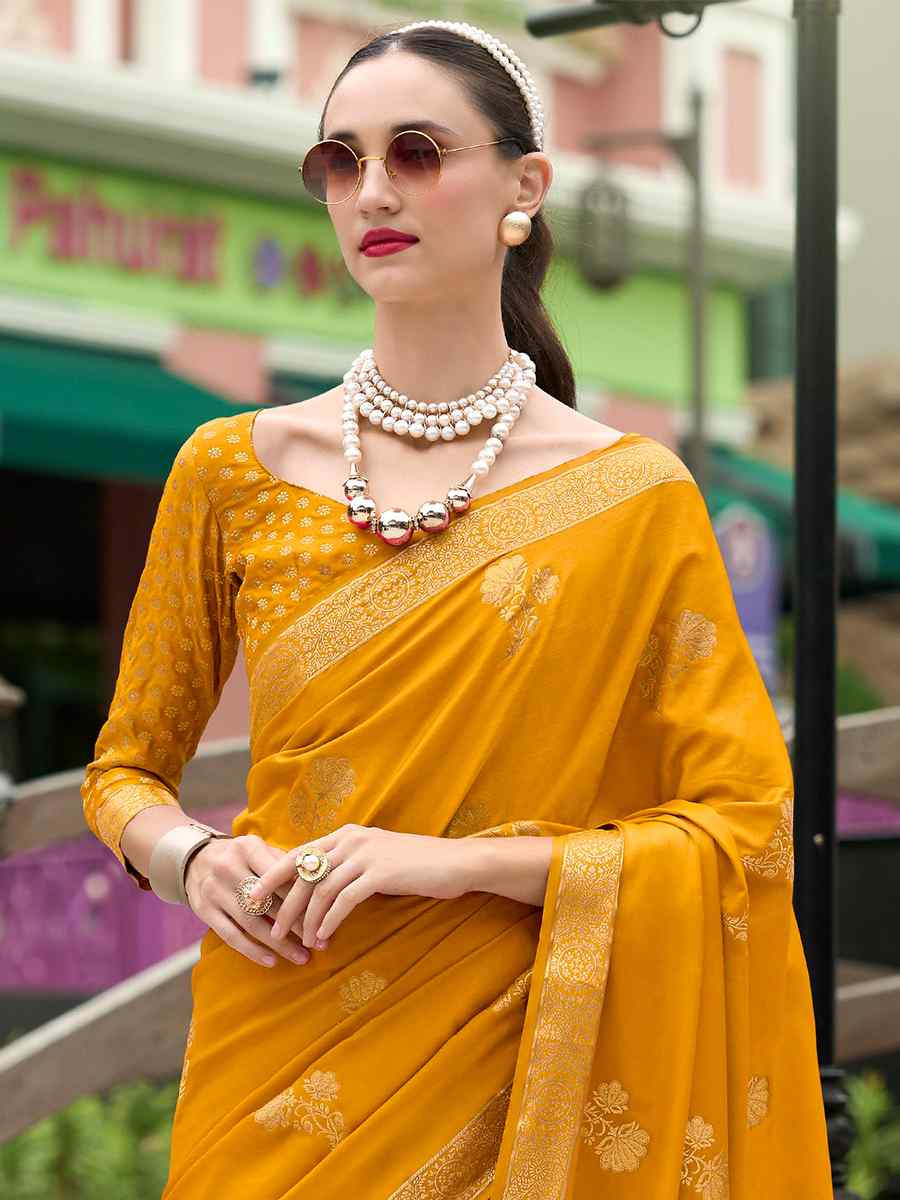 Mustard Pure Satin Handwoven Festival Wedding Heavy Border Saree