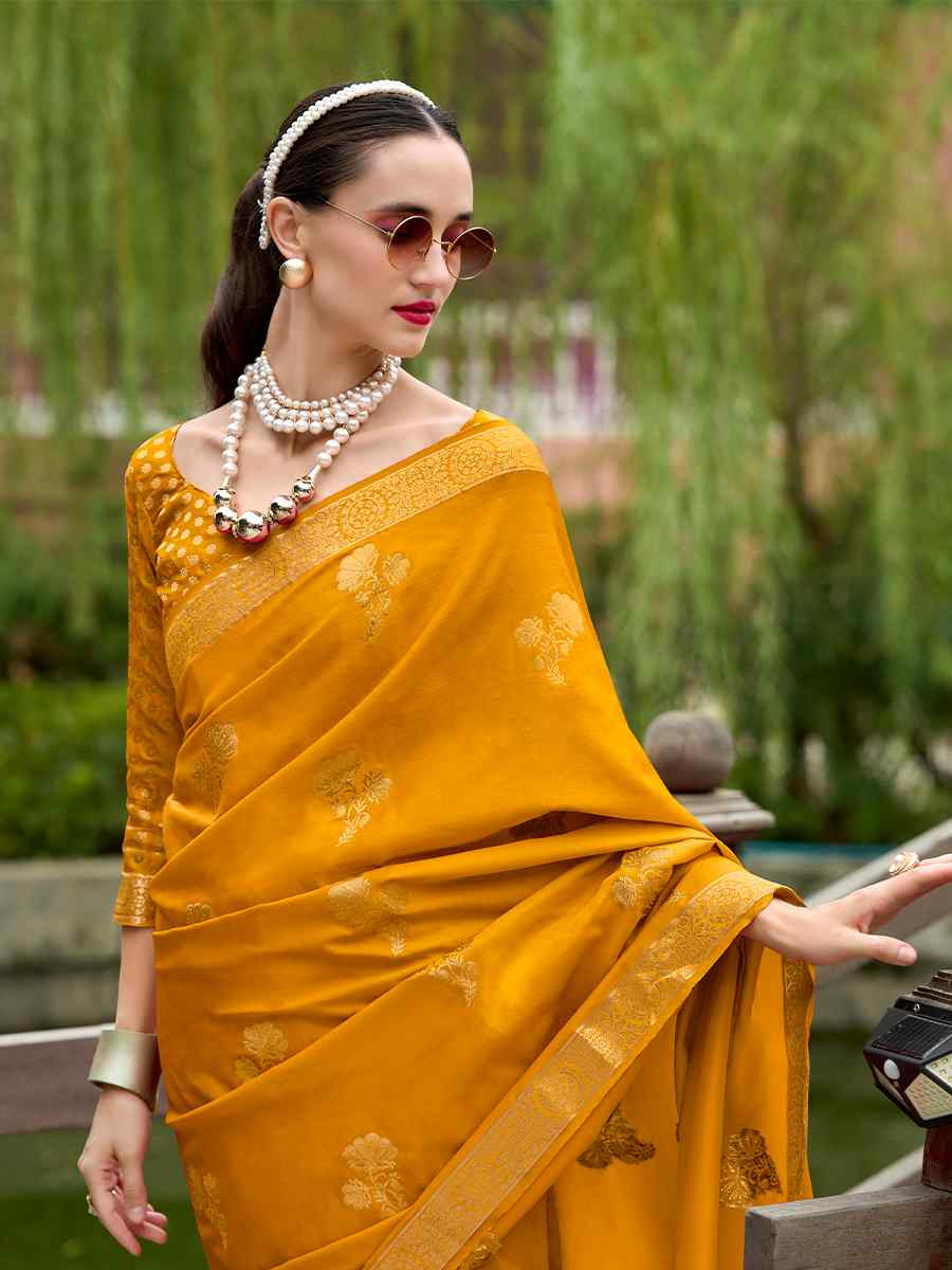 Mustard Pure Satin Handwoven Festival Wedding Heavy Border Saree