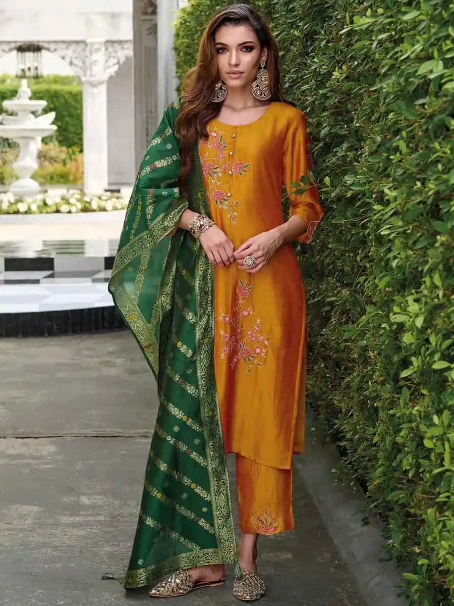 Mustard Pure Viscose Embroidered Festival Casual Ready Pant Salwar Kameez