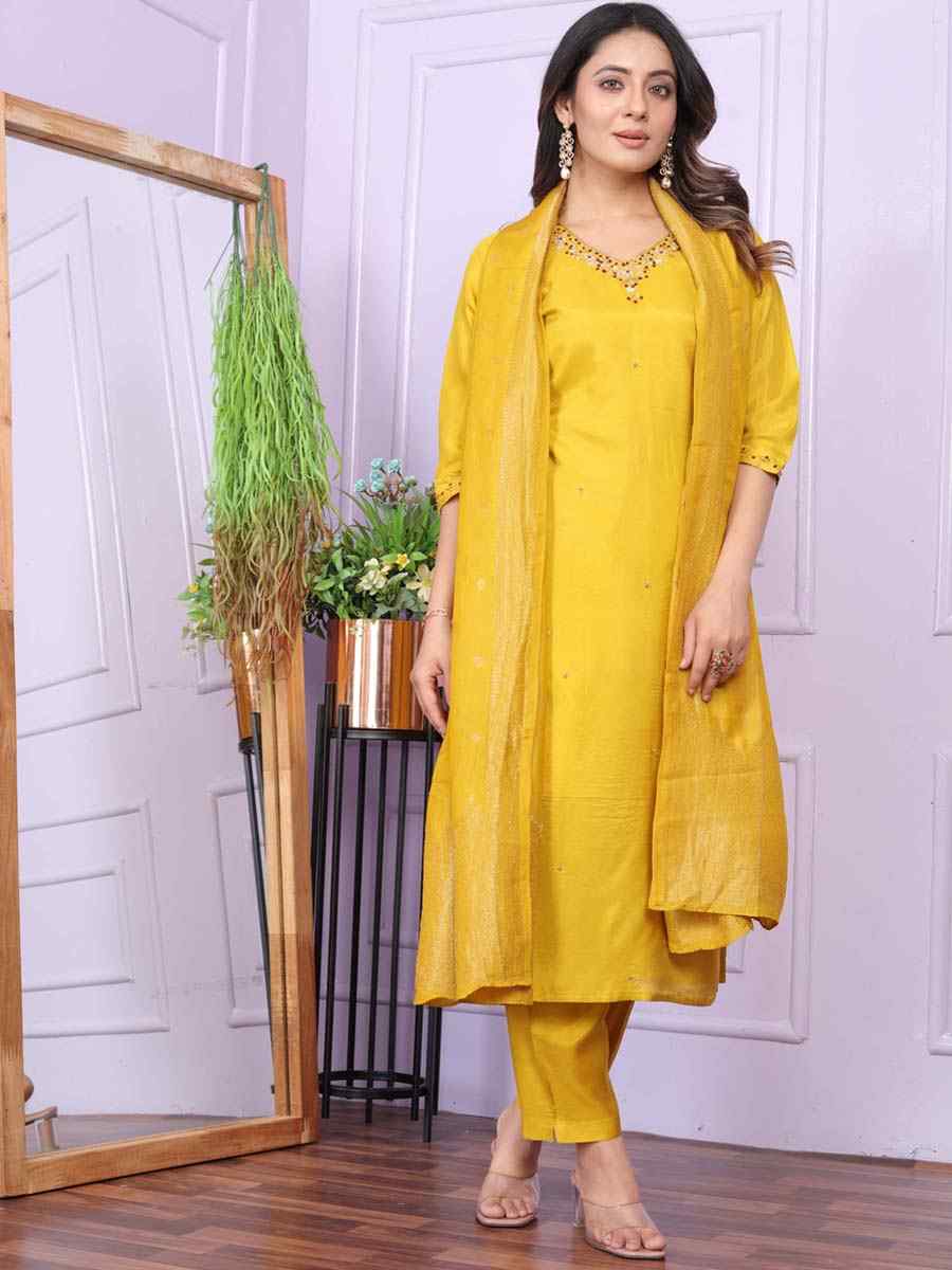 Mustard Pure Viscose Muslin Embroidered Festival Mehendi Ready Pant Salwar Kameez