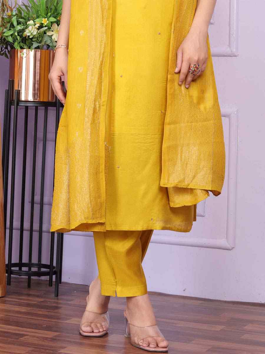 Mustard Pure Viscose Muslin Embroidered Festival Mehendi Ready Pant Salwar Kameez