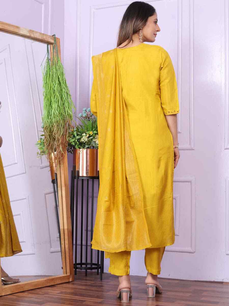 Mustard Pure Viscose Muslin Embroidered Festival Mehendi Ready Pant Salwar Kameez