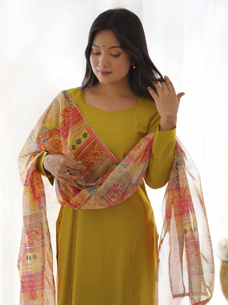 Mustard Pure Viscose Printed Festival Casual Ready Pant Salwar Kameez