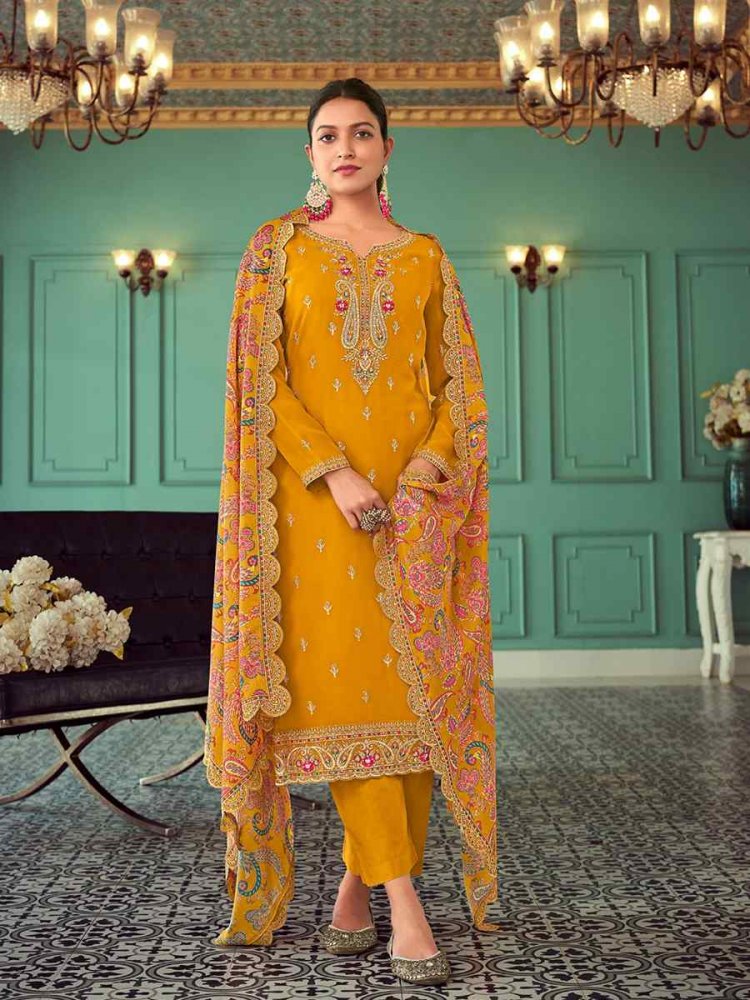 Mustard Real Georgette Embroidered Festival Wedding Pant Salwar Kameez