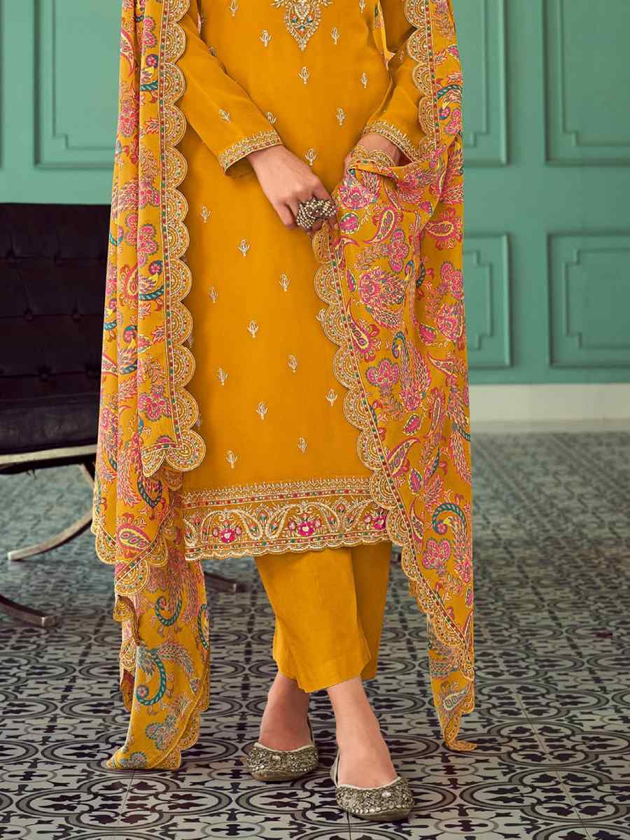 Mustard Real Georgette Embroidered Festival Wedding Pant Salwar Kameez