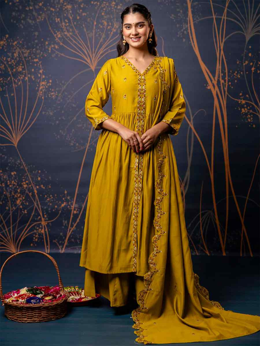 Mustard Silk Blend Embroidered Casual Festival Ready Palazzo Pant Salwar Kameez