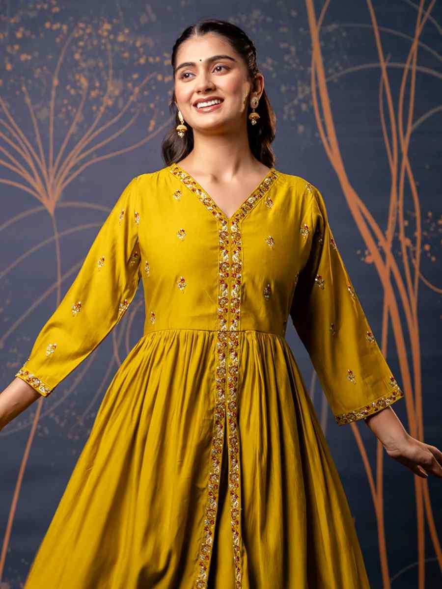 Mustard Silk Blend Embroidered Casual Festival Ready Palazzo Pant Salwar Kameez