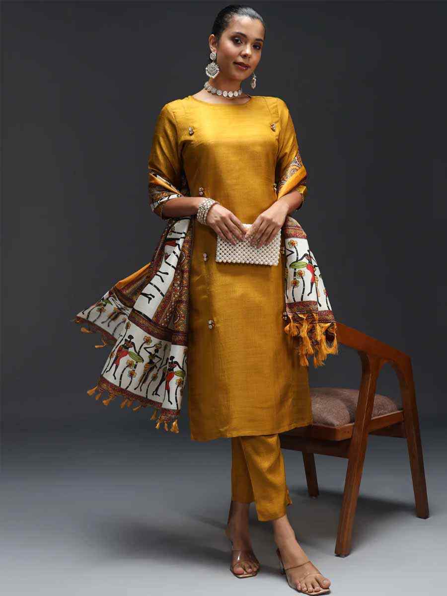 Mustard Silk Pasmina Printed Festival Casual Ready Pant Salwar Kameez