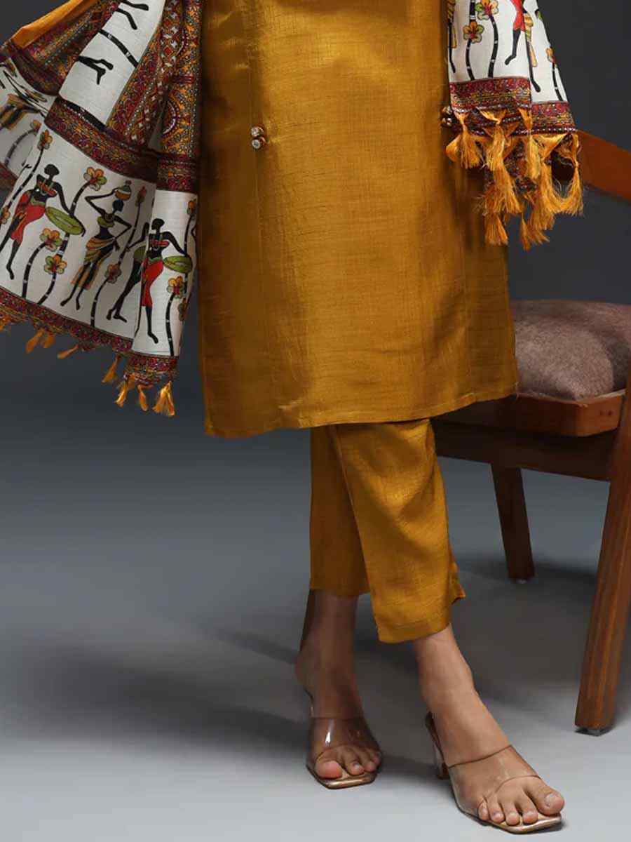 Mustard Silk Pasmina Printed Festival Casual Ready Pant Salwar Kameez