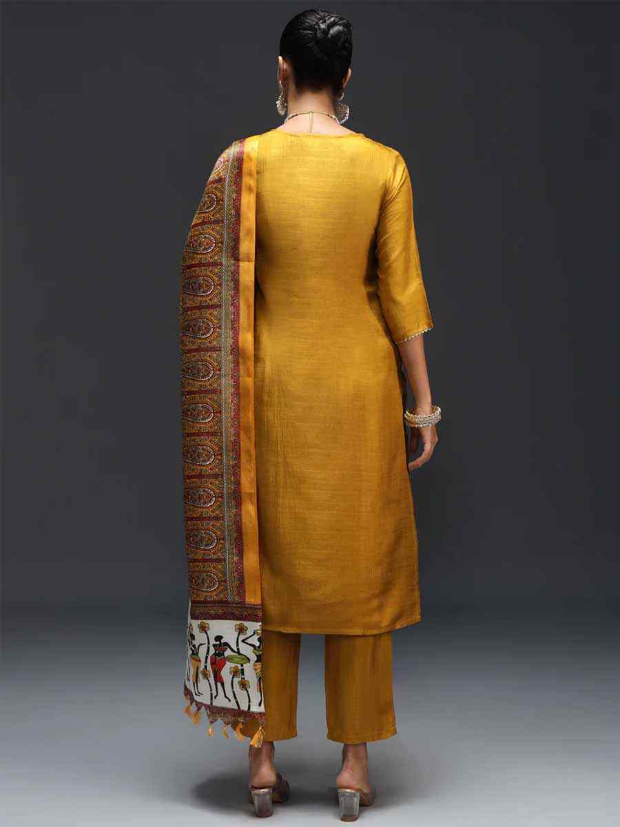 Mustard Silk Pasmina Printed Festival Casual Ready Pant Salwar Kameez