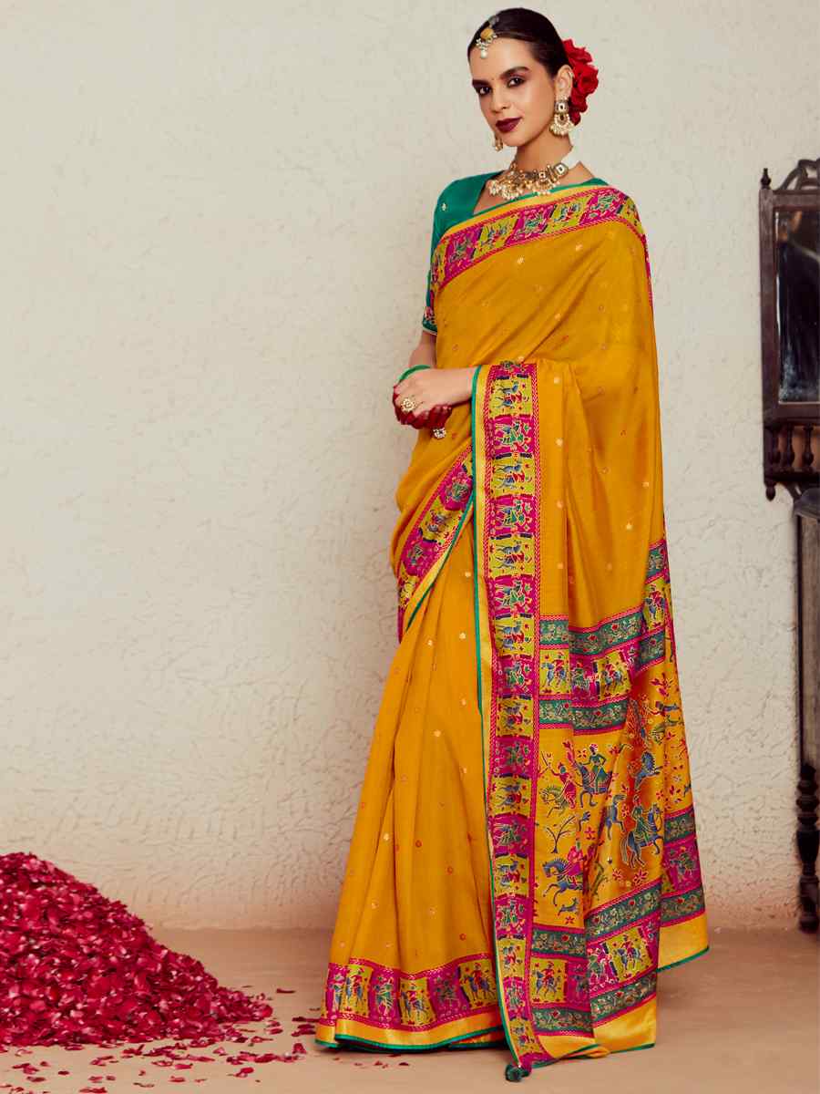 Mustard Soft Brasso Embroidered Festival Wedding Heavy Border Saree