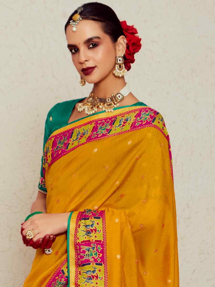 Mustard Soft Brasso Embroidered Festival Wedding Heavy Border Saree