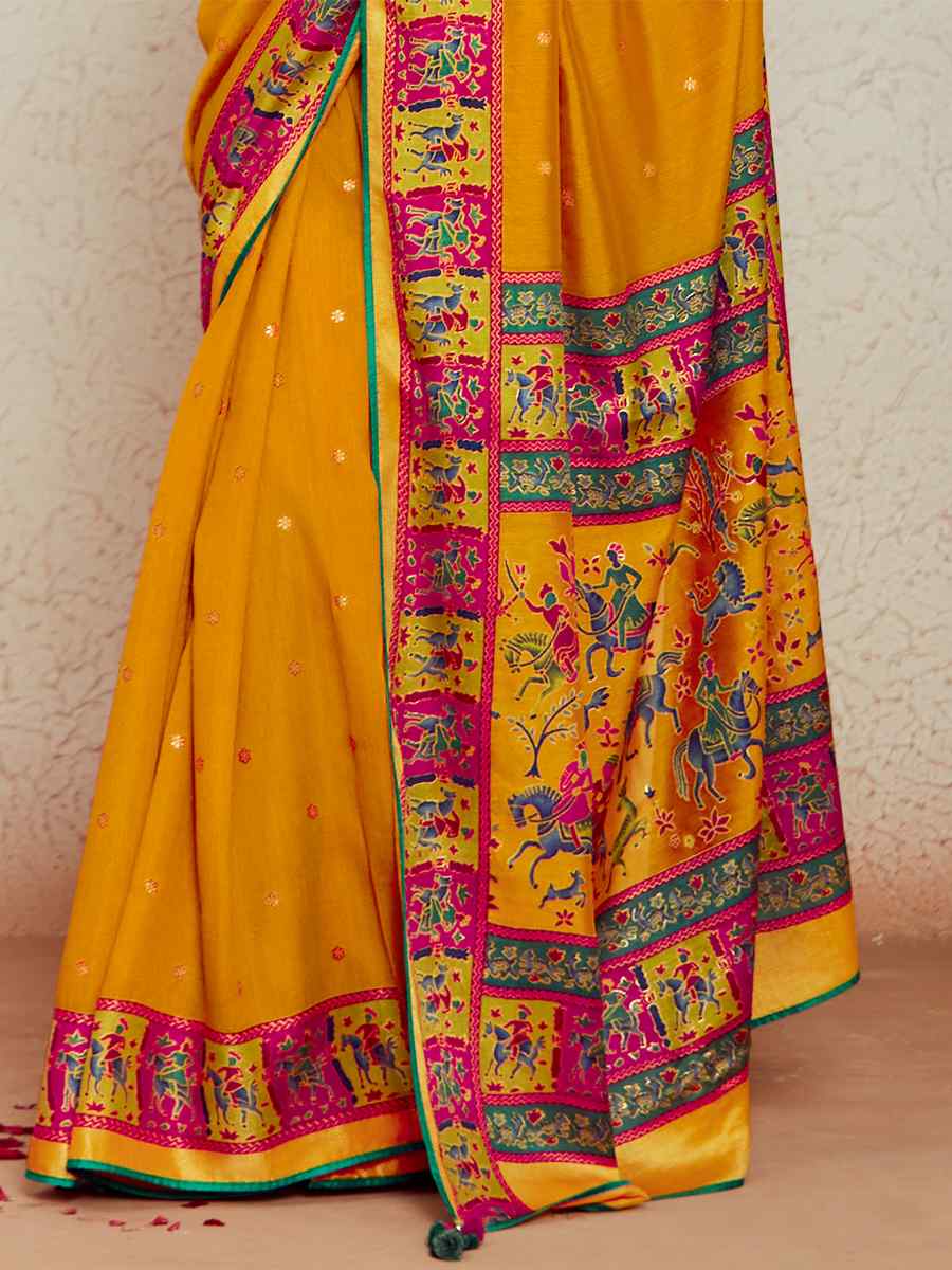 Mustard Soft Brasso Embroidered Festival Wedding Heavy Border Saree