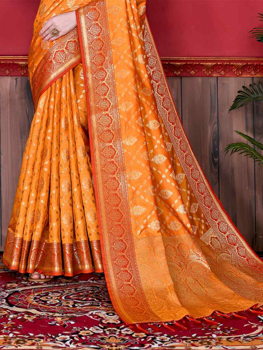 Mustard Soft Katan Silk Handwoven Party Festival Heavy Border Saree