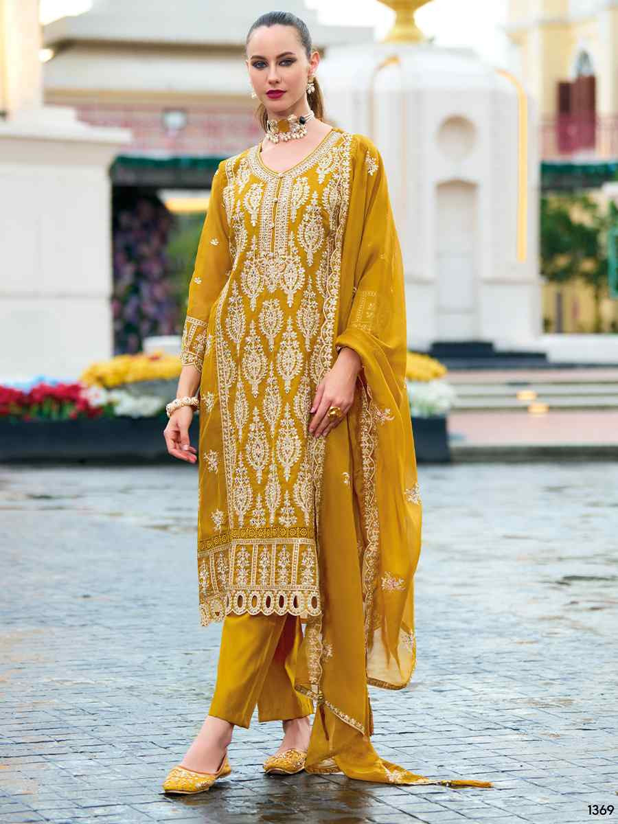 Mustard Soft Organza Embroidered Festival Mehendi Ready Pant Salwar Kameez