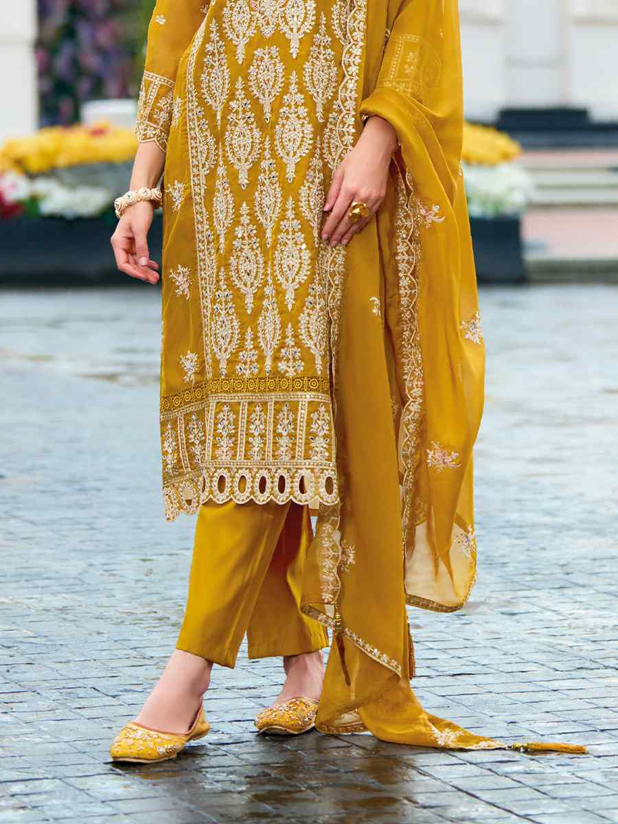 Mustard Soft Organza Embroidered Festival Mehendi Ready Pant Salwar Kameez