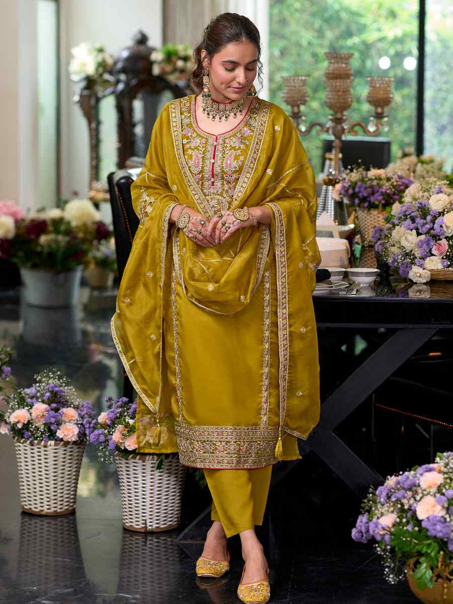 Mustard Soft Organza Embroidered Festival Wedding Ready Pant Salwar Kameez