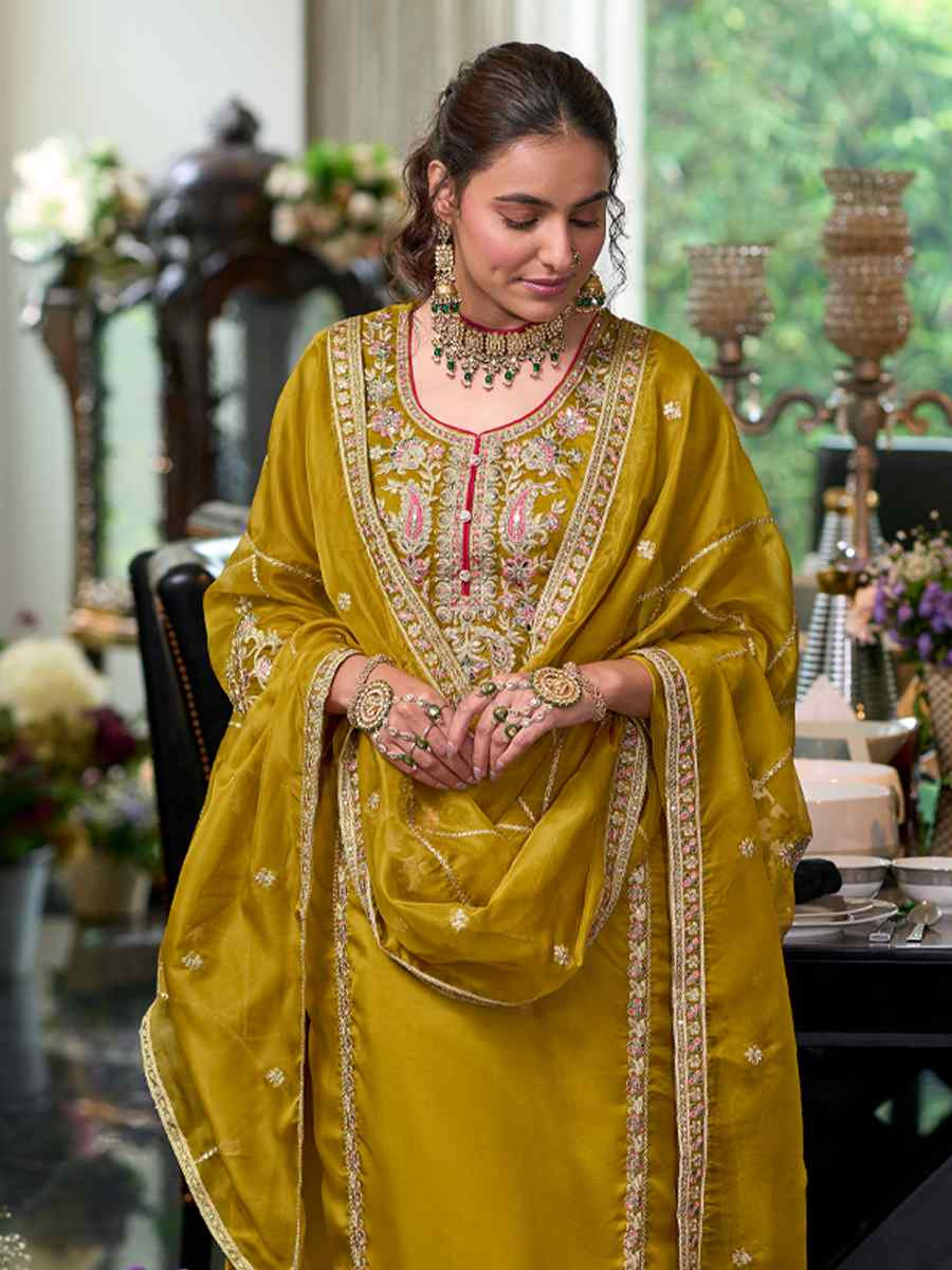 Mustard Soft Organza Embroidered Festival Wedding Ready Pant Salwar Kameez