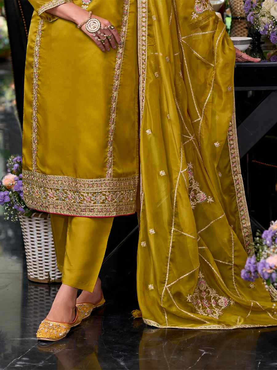 Mustard Soft Organza Embroidered Festival Wedding Ready Pant Salwar Kameez