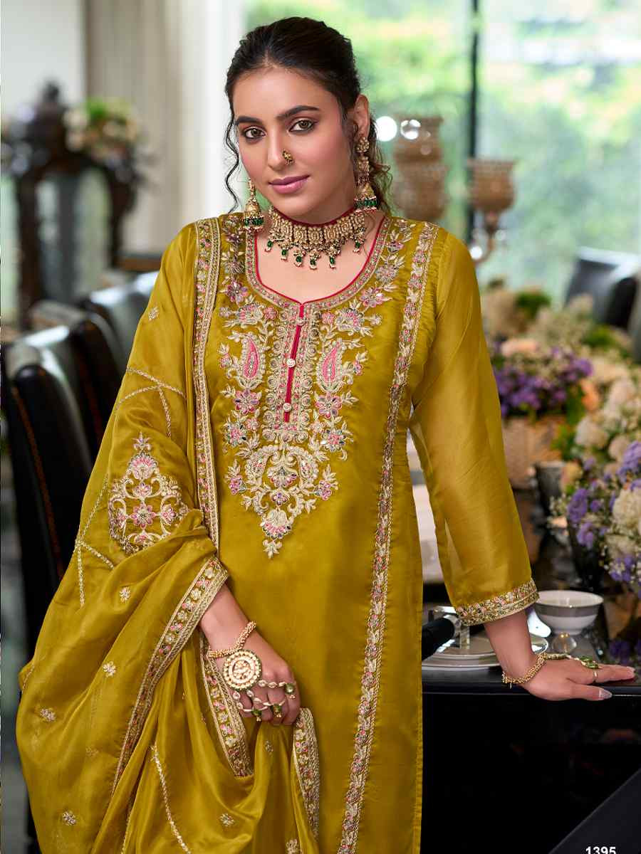 Mustard Soft Organza Embroidered Festival Wedding Ready Pant Salwar Kameez