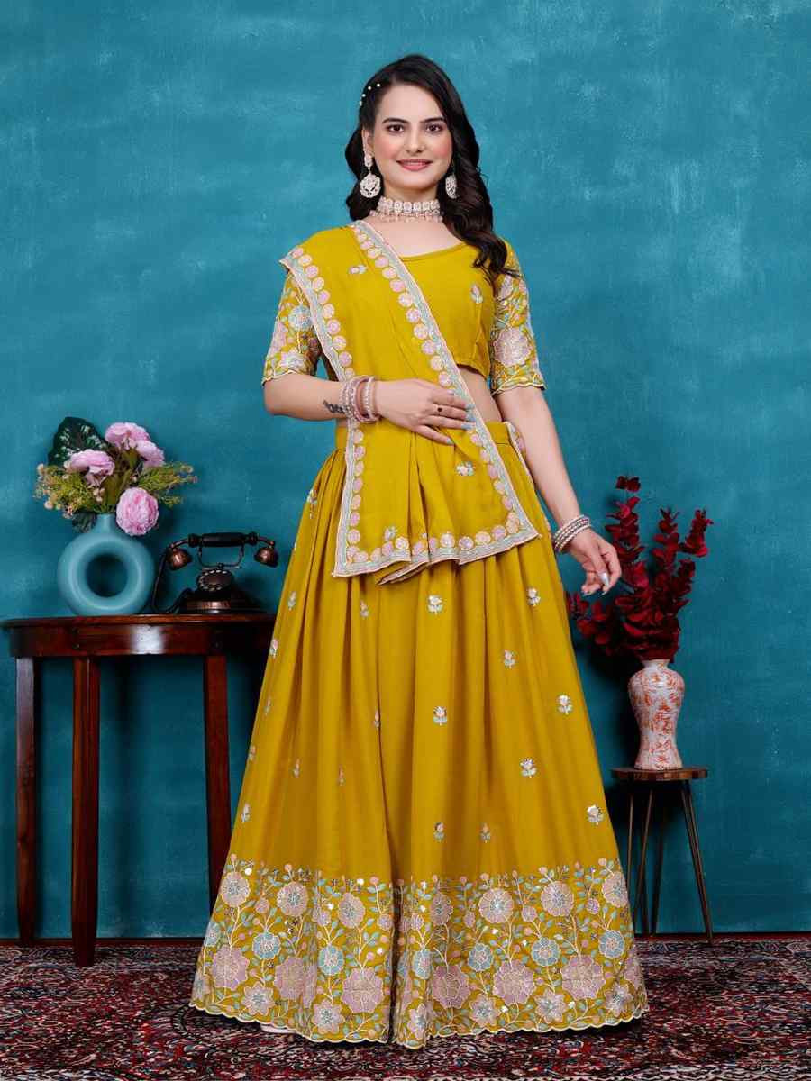 Mustard Star Georgette Embroidered Wedding Festival Heavy Border Lehenga Choli