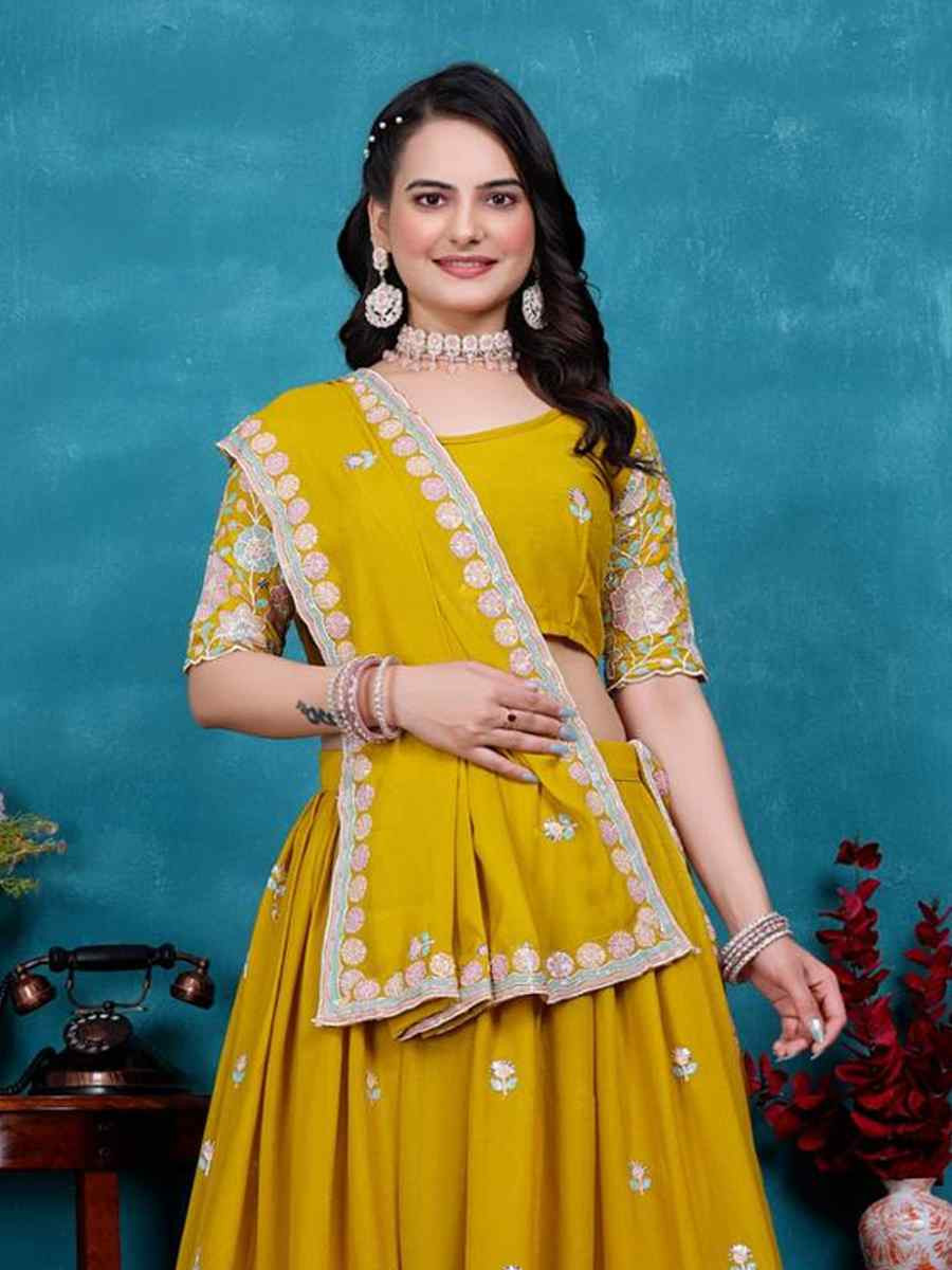 Mustard Star Georgette Embroidered Wedding Festival Heavy Border Lehenga Choli