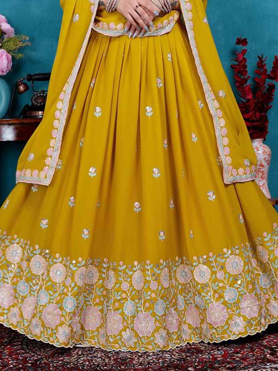 Mustard Star Georgette Embroidered Wedding Festival Heavy Border Lehenga Choli