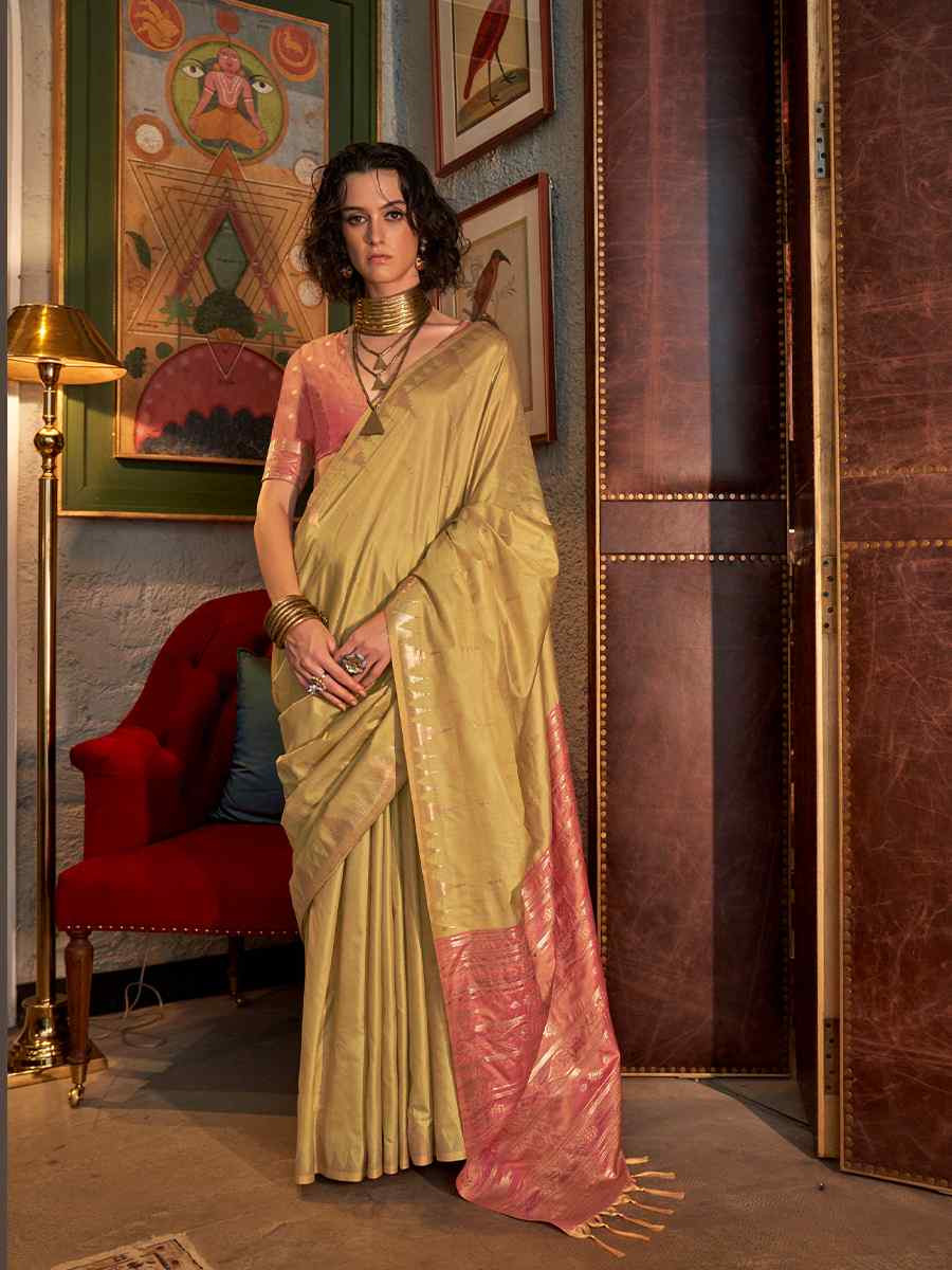 Mustard Tissue Silk Handwoven Festival Wedding Heavy Border Saree