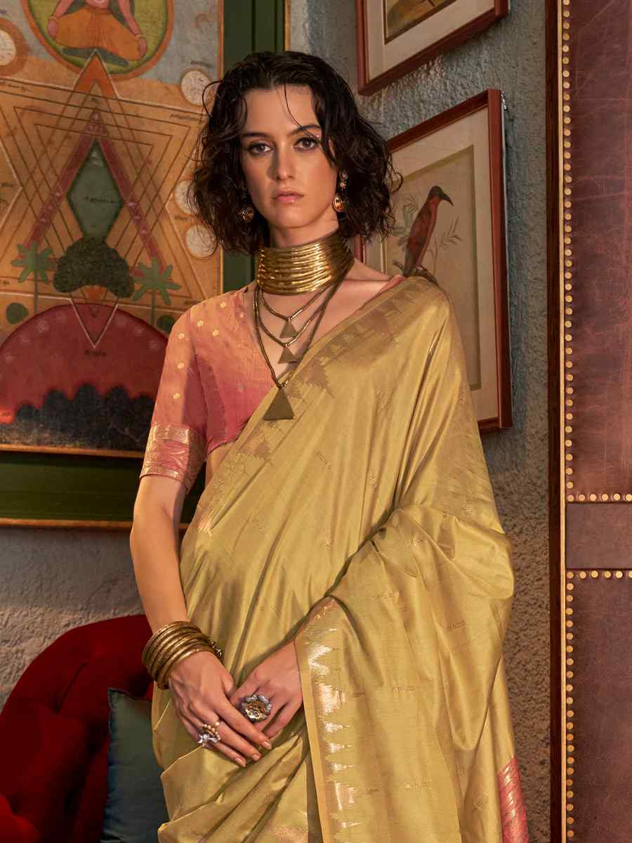 Mustard Tissue Silk Handwoven Festival Wedding Heavy Border Saree