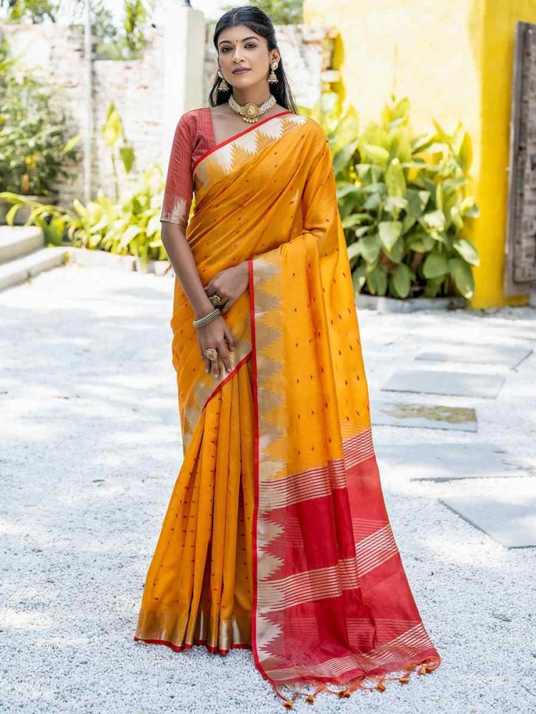 Mustard Tussar Silk Handwoven Festival Casual Classic Style Saree