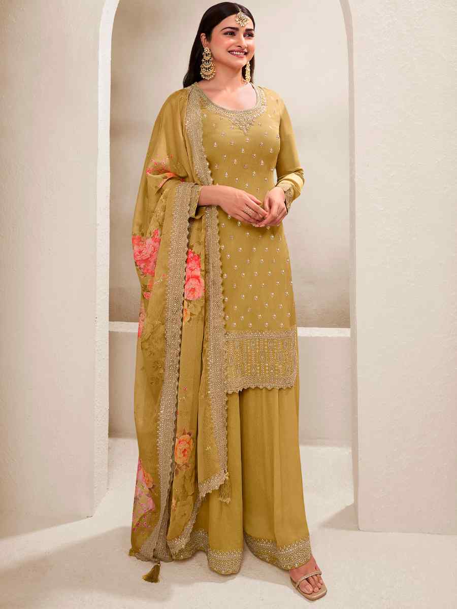 Mustard Viscose Chinon Embroidered Festival Wedding Palazzo Pant Salwar Kameez