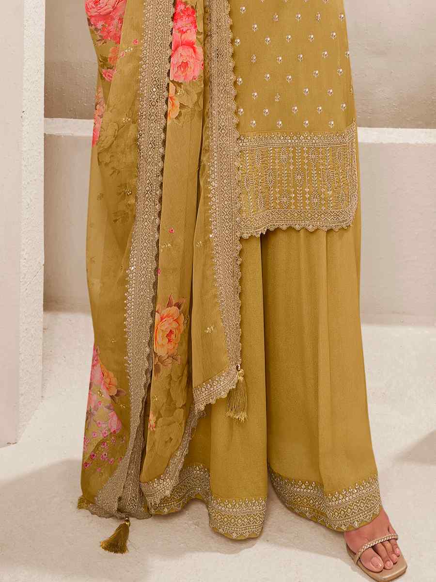 Mustard Viscose Chinon Embroidered Festival Wedding Palazzo Pant Salwar Kameez