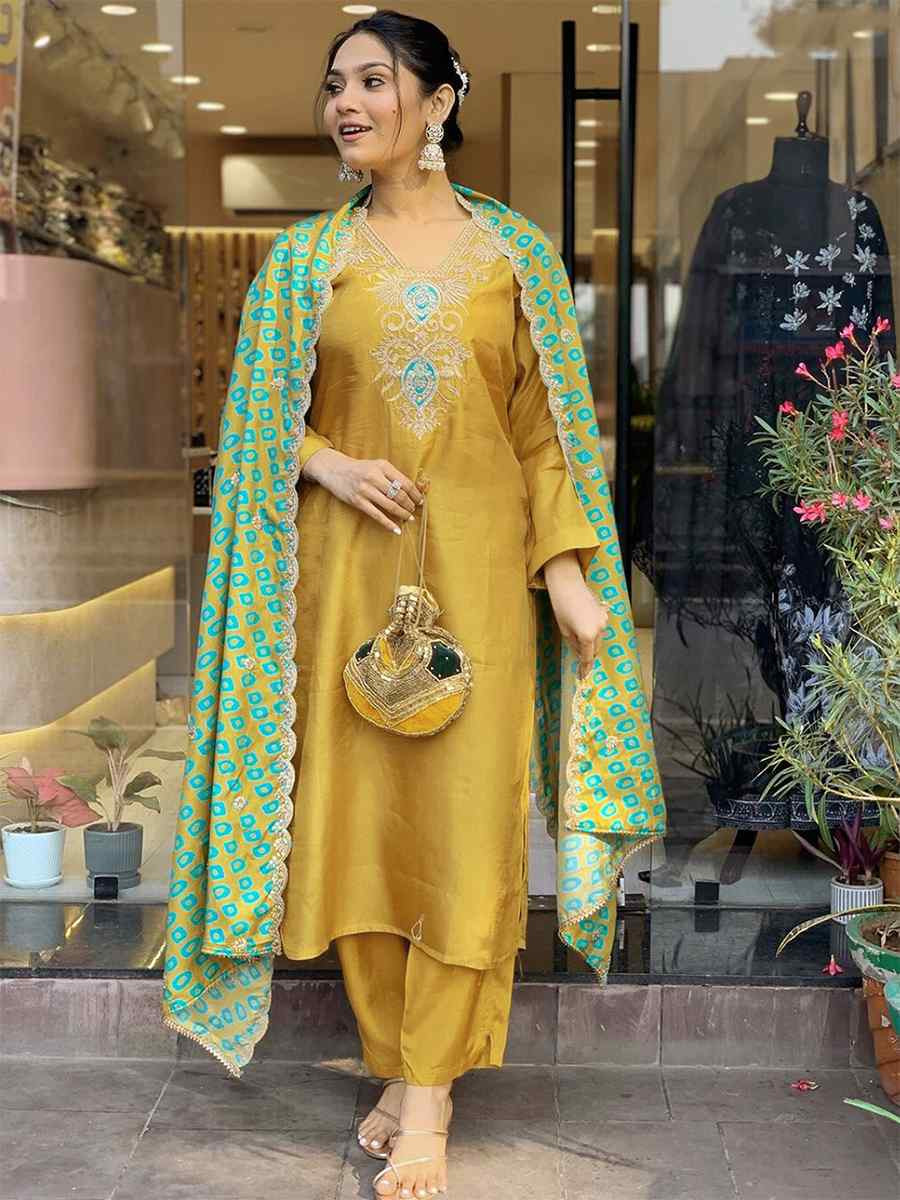 Mustard Viscose Embroidered Festival Casual Ready Pant Salwar Kameez