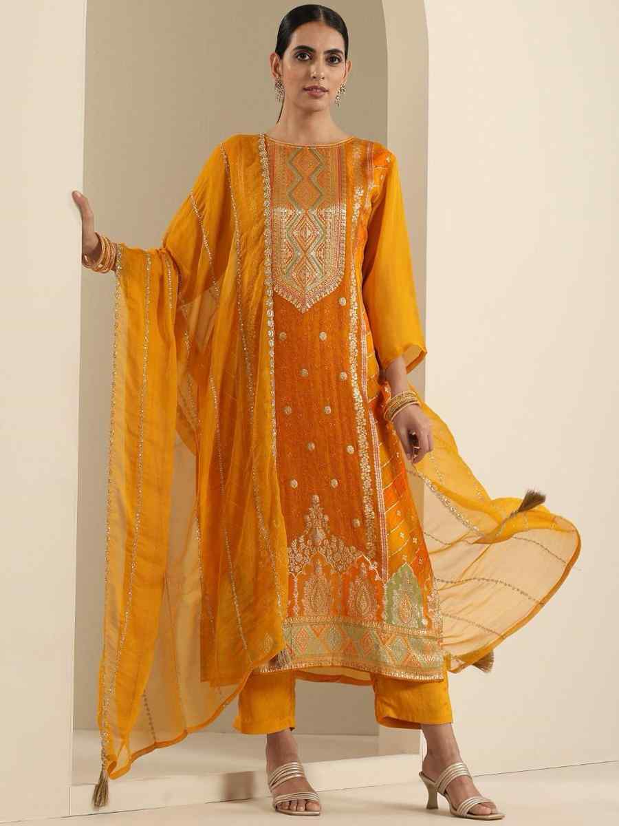 Mustard Viscose Jacquard Embroidered Festival Mehendi Ready Pant Salwar Kameez