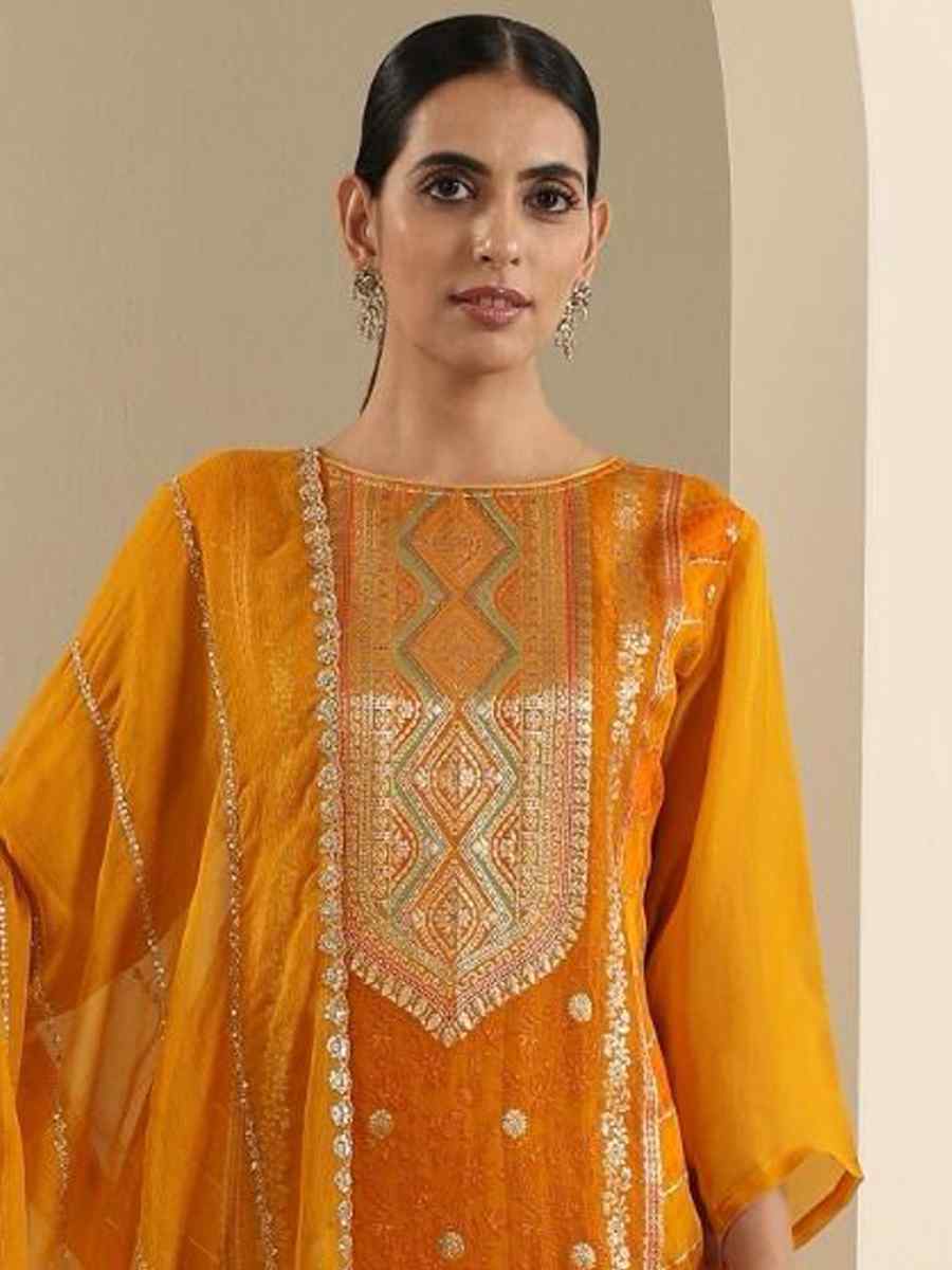 Mustard Viscose Jacquard Embroidered Festival Mehendi Ready Pant Salwar Kameez