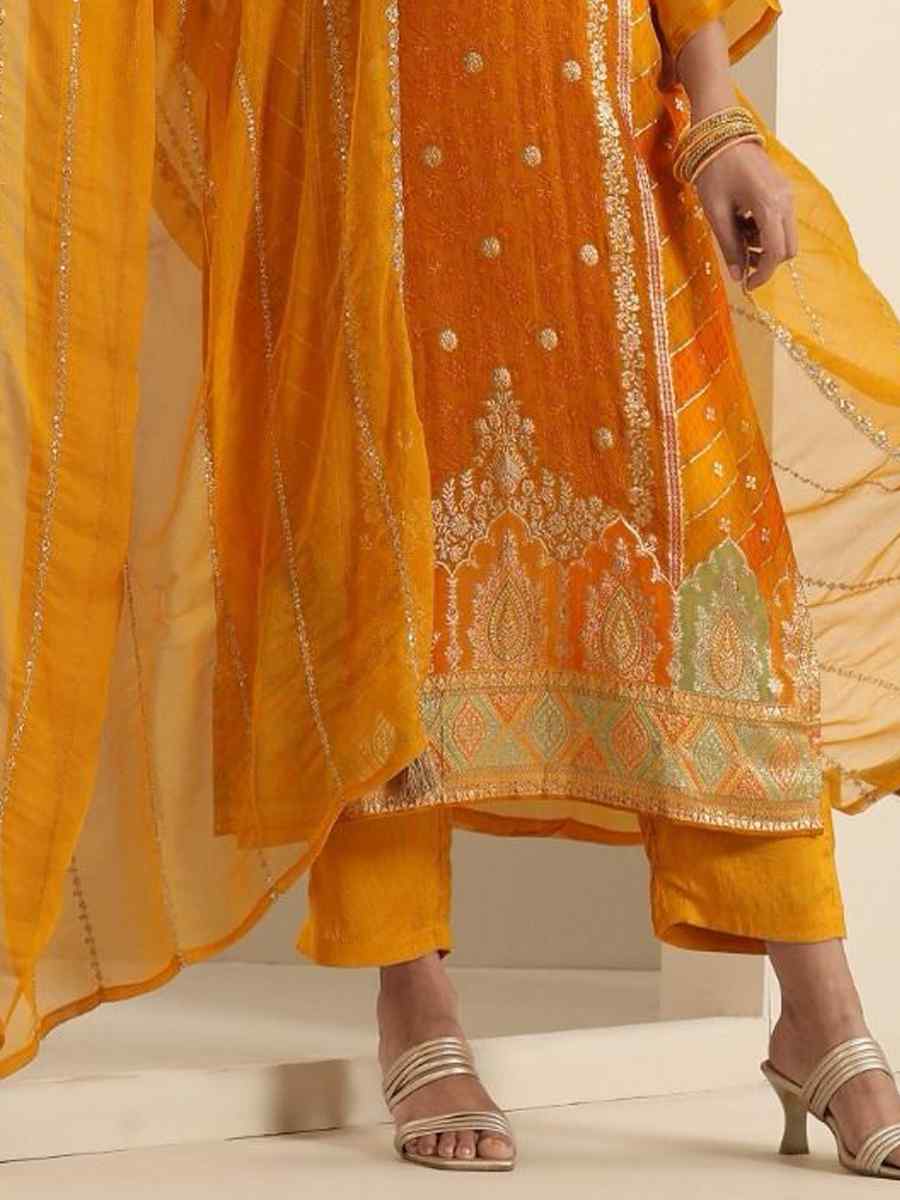 Mustard Viscose Jacquard Embroidered Festival Mehendi Ready Pant Salwar Kameez